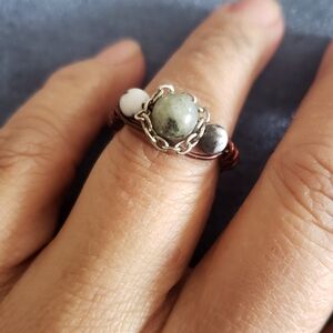 New Handmade wire wrapped Silver and Gray Beaded Ring